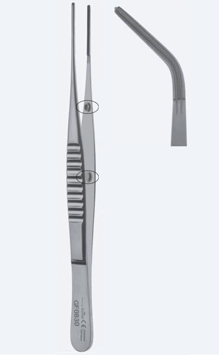 Пінцети для тканин De Bakey Anti-Cross, Safety Pin, Press Stopper, зуб De Bakey, виг, крок кінч 1,5 мм довж 155 мм. Бренд - Asanus Medizintechnik Gmb, Німеччина